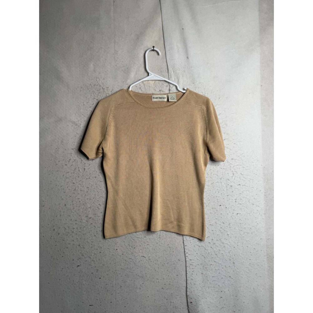 Barry Bricken Womens Tan Beige 100% Silk Short Sleeve Knit Sweater Top Size S